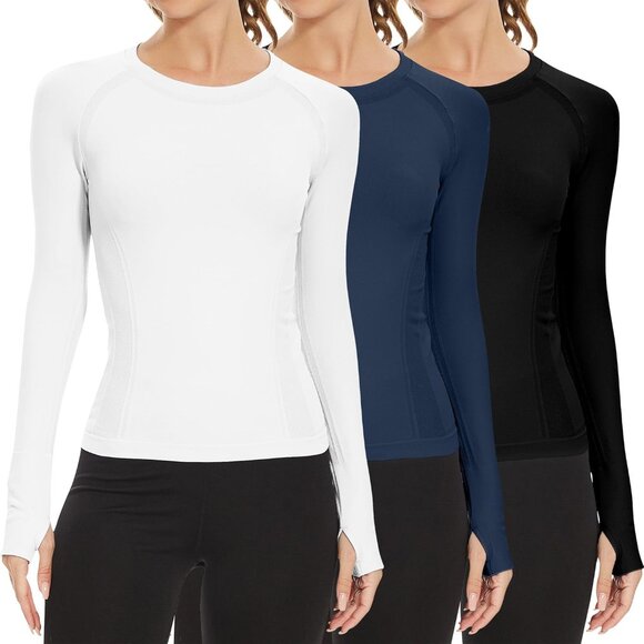 Women’s Long Sleeve Workout Tops 3 Pack Breathable Seamless Fitness Shirts